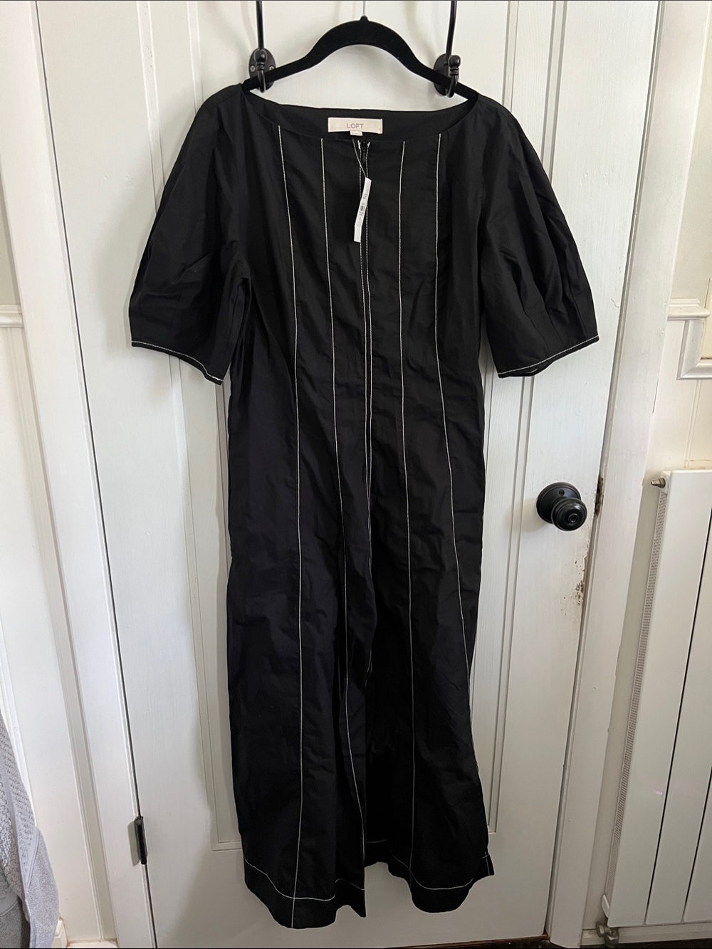 LOFT Black Midi Dress with Contrast Vertical Stitching